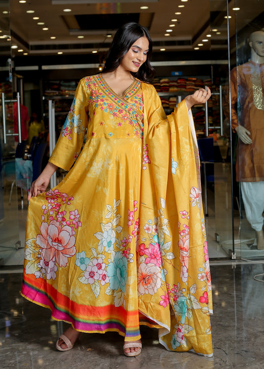 RAMA'S Yellow Color Anarkali Cotton Set With Dupatta