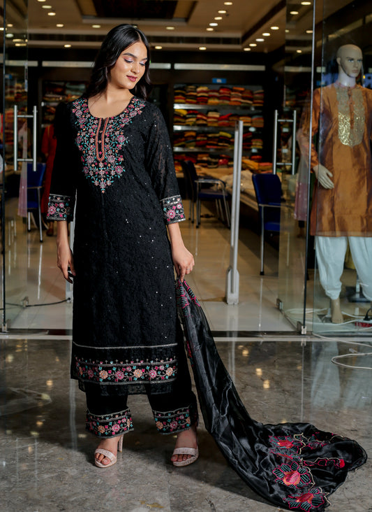 Women Black Ethnic Motifs Embroidered Straight Kurta With Trouser & Dupatta Set