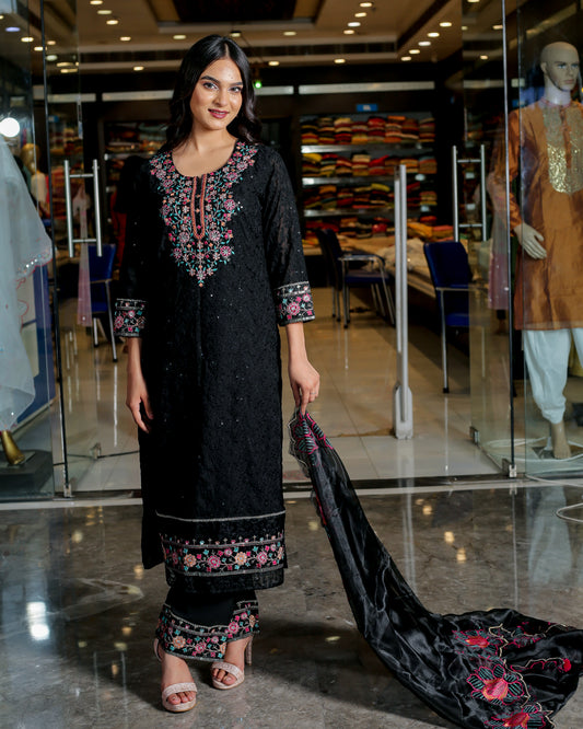 Women Black Ethnic Motifs Embroidered Straight Kurta With Trouser & Dupatta Set