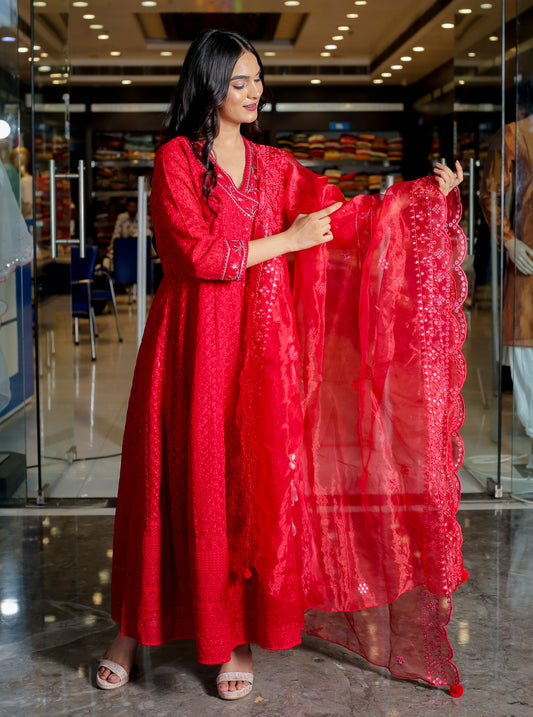 RAMA'S Red Color Anarkali Cotton Set With Dupatta