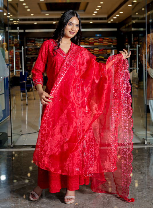 RAMA'S Red Color Anarkali Cotton Set With Dupatta