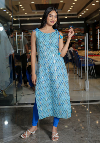 Rams's blue color straight cotton sleevless kurta