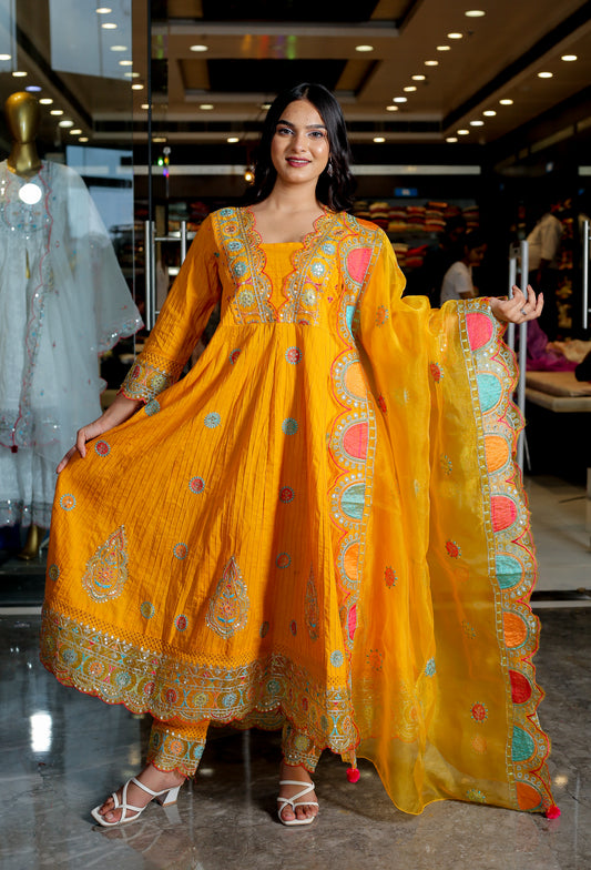 RAMA'S Yellow Color Anarkali Cotton Set With Dupatta