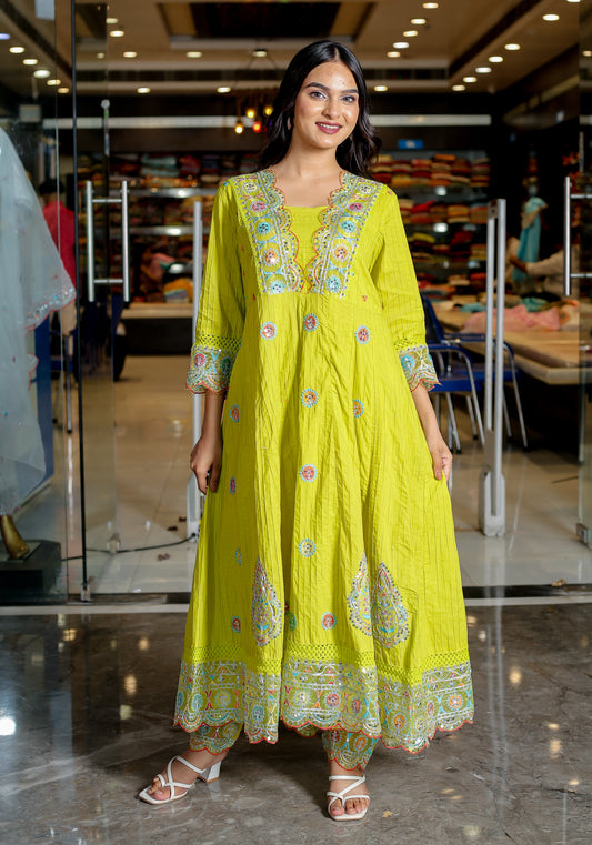 Graceful Yellowish-Green Floral Kurta Set