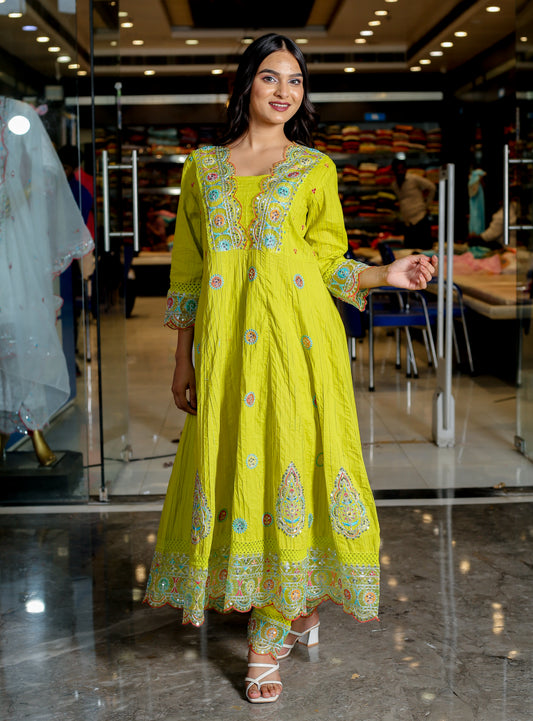 RAMA'S Yellowish-green Color Anarkali Cotton Set With Dupatta