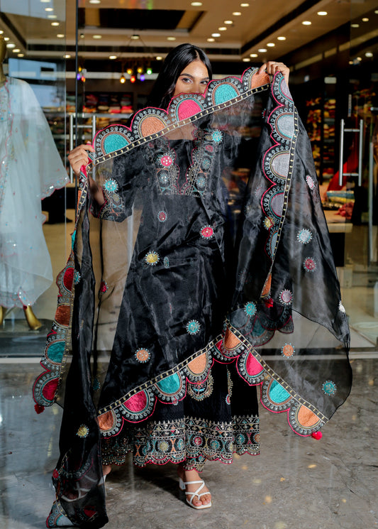 RAMA'S Black Color Anarkali Cotton Set With Dupatta