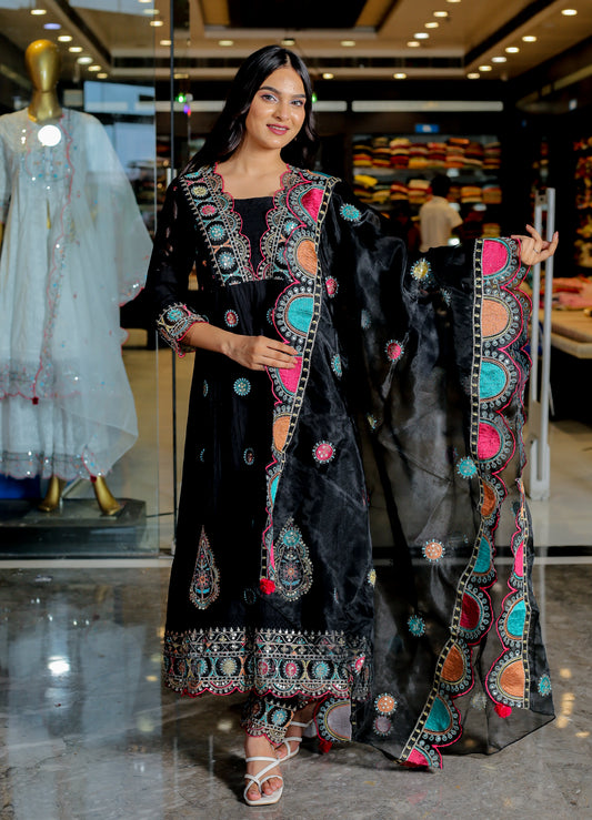 RAMA'S Black Color Anarkali Cotton Set With Dupatta