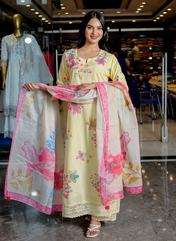 RAMA'S Yellow Color Anarkali Cotton Set With Dupatta