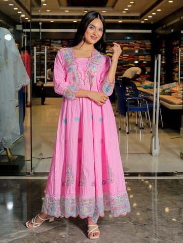 RAMA'S Pink Color Anarkali Cotton Set With Dupatta