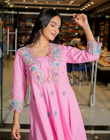 RAMA'S Pink Color Anarkali Cotton Set With Dupatta