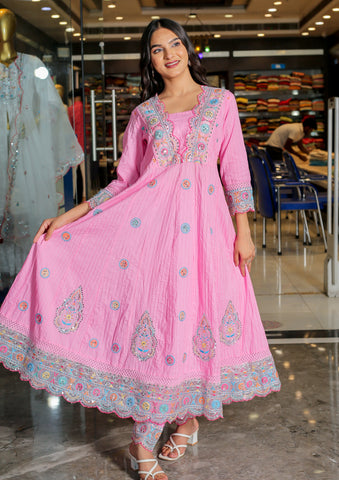 RAMA'S Pink Color Anarkali Cotton Set With Dupatta