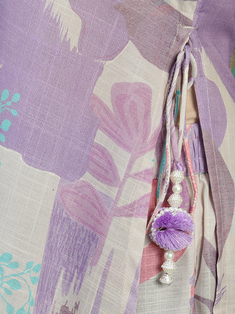 Women Beige Floral Printed Mirror Work V-Neck Straight Kurta With Trousers