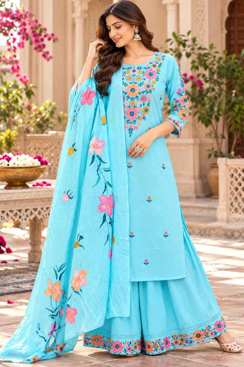 Women’s Turquoise blue    Embroidered Kurta Set with Palazzo Pants & Matching Dupatta – Traditional Festive Ethnic Wear