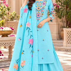 Women’s Turquoise blue    Embroidered Kurta Set with Palazzo Pants & Matching Dupatta – Traditional Festive Ethnic Wear