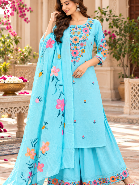 Women’s Turquoise blue    Embroidered Kurta Set with Palazzo Pants & Matching Dupatta – Traditional Festive Ethnic Wear