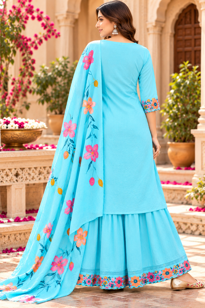Women’s Turquoise blue    Embroidered Kurta Set with Palazzo Pants & Matching Dupatta – Traditional Festive Ethnic Wear