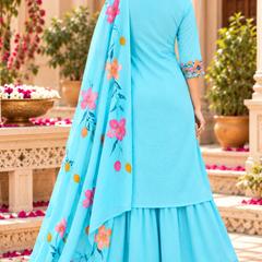 Women’s Turquoise blue    Embroidered Kurta Set with Palazzo Pants & Matching Dupatta – Traditional Festive Ethnic Wear