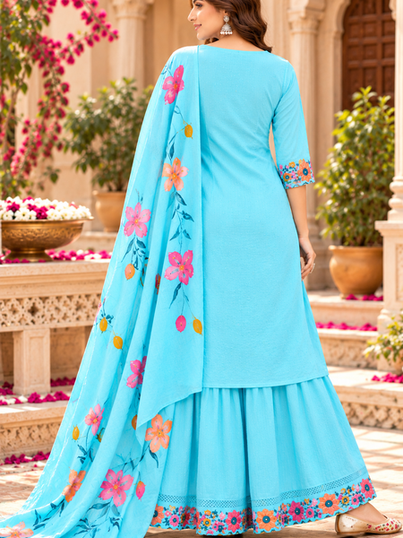 Women’s Turquoise blue    Embroidered Kurta Set with Palazzo Pants & Matching Dupatta – Traditional Festive Ethnic Wear