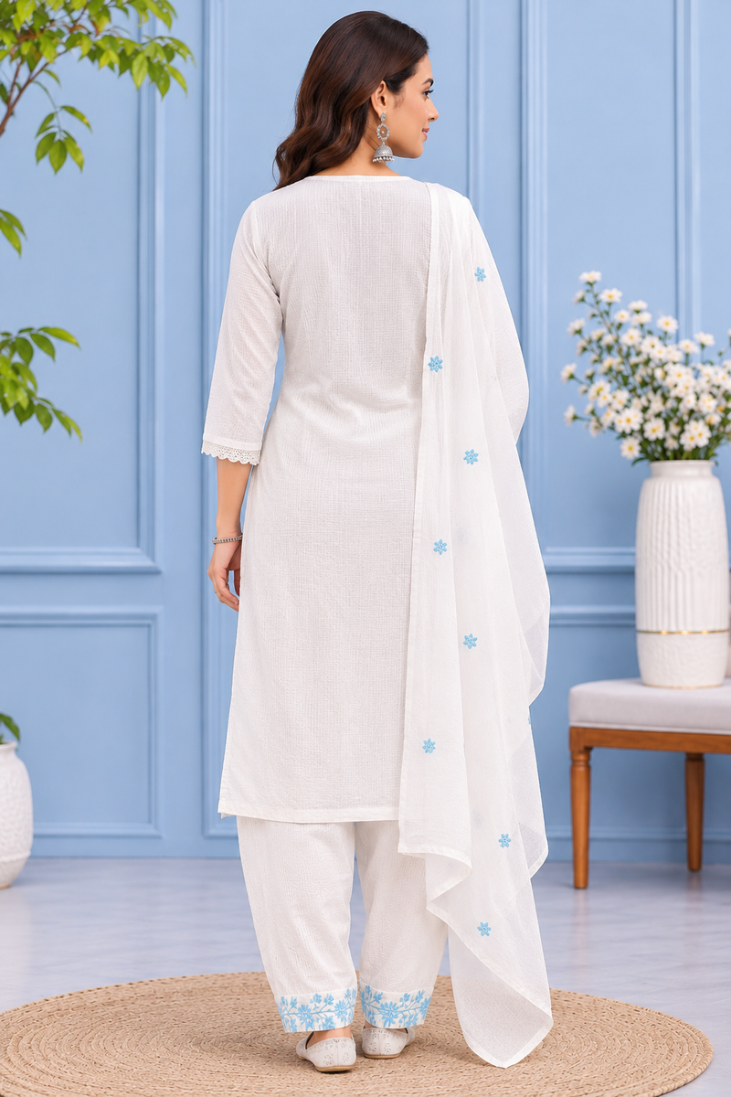 Women White   Embroidered Kurta Set with Palazzo  & Matching Dupatta – Traditional Festive Ethnic Wear