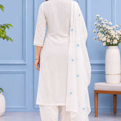 Women White   Embroidered Kurta Set with Palazzo  & Matching Dupatta – Traditional Festive Ethnic Wear