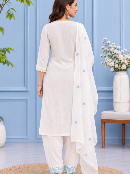 Women White   Embroidered Kurta Set with Palazzo  & Matching Dupatta – Traditional Festive Ethnic Wear