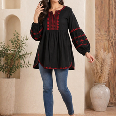 Women Black Embroidered Cotton Top