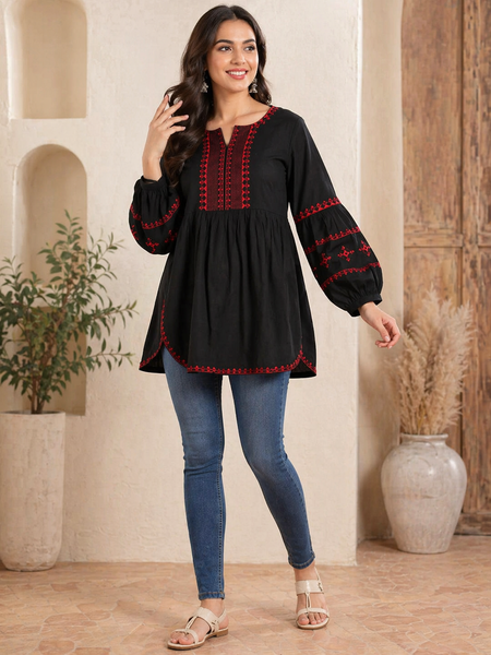 Women Black Embroidered Cotton Top