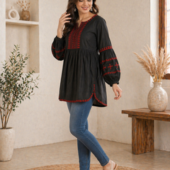 Women Black Embroidered Cotton Top