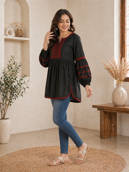 Women Black Embroidered Cotton Top