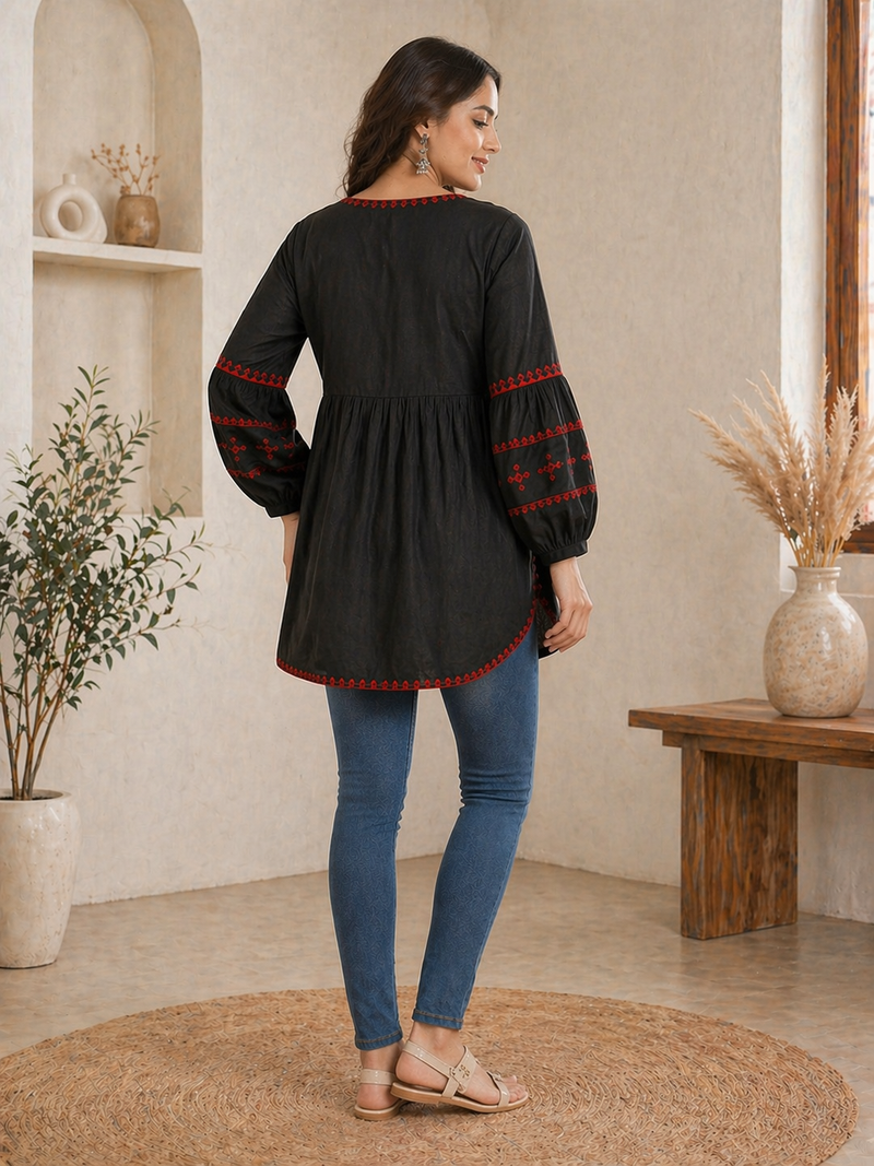 Women Black Embroidered Cotton Top