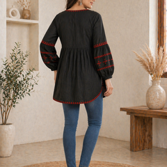 Women Black Embroidered Cotton Top