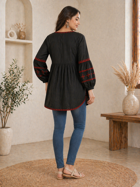 Women Black Embroidered Cotton Top