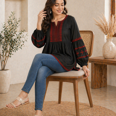 Women Black Embroidered Cotton Top