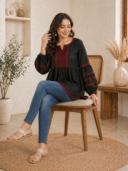 Women Black Embroidered Cotton Top
