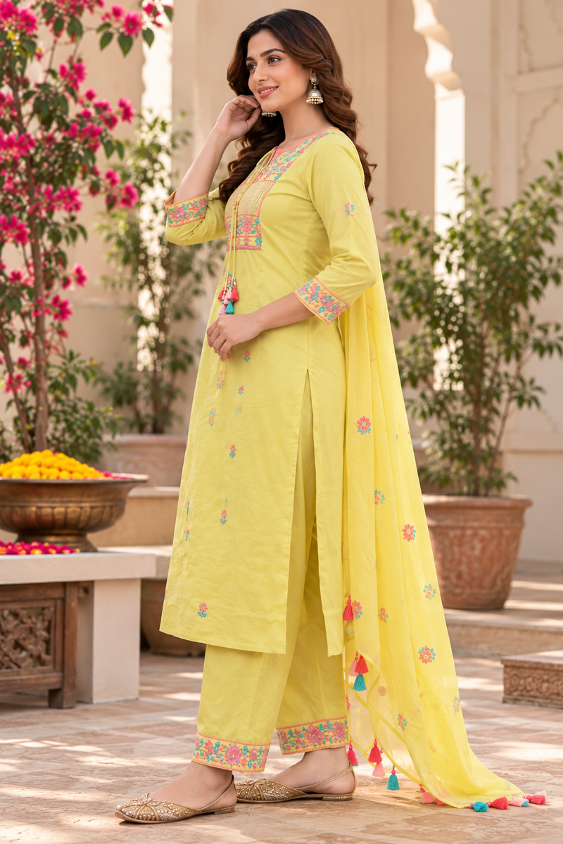 Women’s Yellow   Embroidered Kurta Set with  Pants & Matching Dupatta – Traditional Festive Ethnic Wear