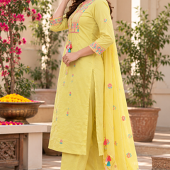 Women’s Yellow   Embroidered Kurta Set with  Pants & Matching Dupatta – Traditional Festive Ethnic Wear