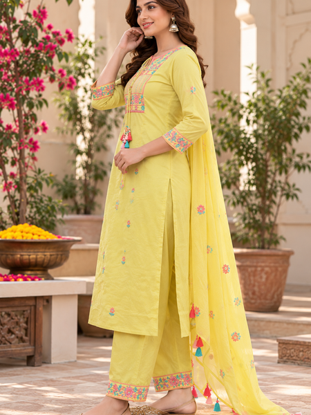 Women’s Yellow   Embroidered Kurta Set with  Pants & Matching Dupatta – Traditional Festive Ethnic Wear