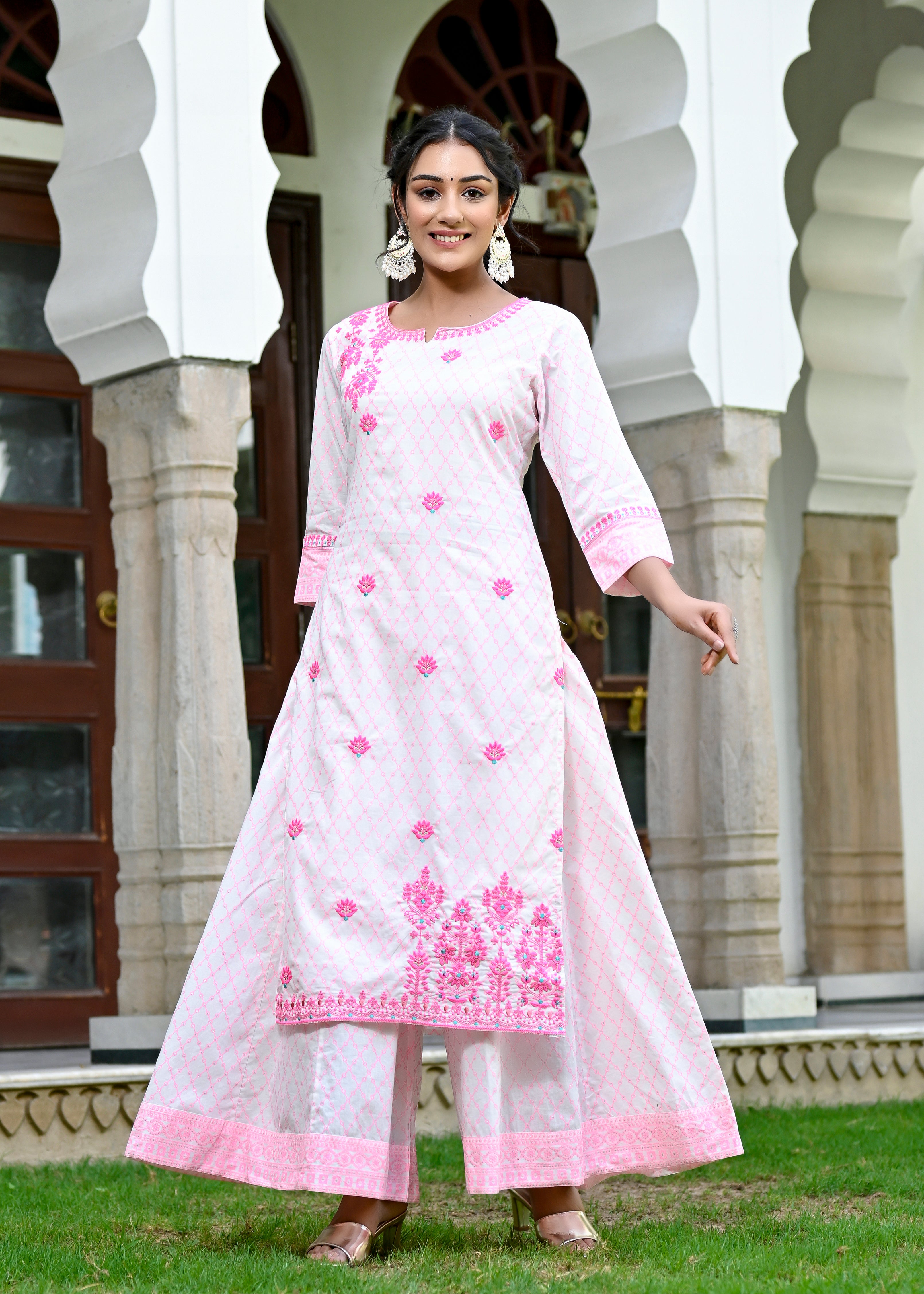 Baby Pink Cotton Afghani Kurti With Pant & Dupatta Set – Niharika Fashion