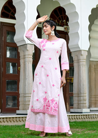 Designer Women Baby Pink abstract printed  with floral embrodried  embellished kurta , palazzo dupatta set