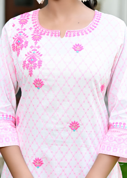 Designer Women Baby Pink abstract printed  with floral embrodried  embellished kurta , palazzo dupatta set