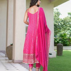 Womens Pink Color Embroidery Anarkali Kurta Trouser With Dupatta Set