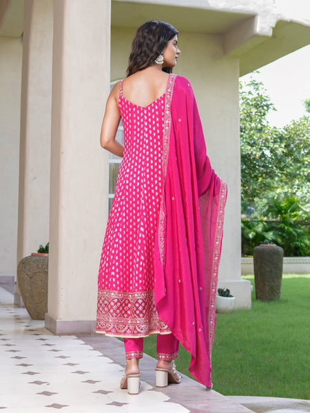 Womens Pink Color Embroidery Anarkali Kurta Trouser With Dupatta Set