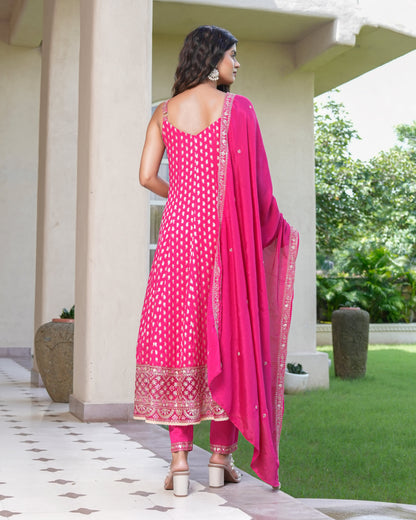 Womens Pink Color Embroidery Anarkali Kurta Trouser With Dupatta Set