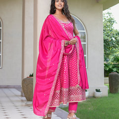 Womens Pink Color Embroidery Anarkali Kurta Trouser With Dupatta Set