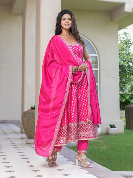 Womens Pink Color Embroidery Anarkali Kurta Trouser With Dupatta Set