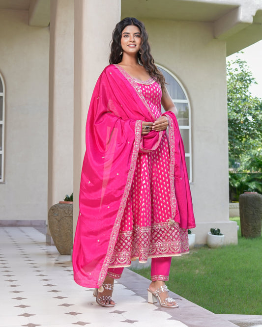 Womens Pink Color Embroidery Anarkali Kurta Trouser With Dupatta Set