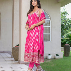 Womens Pink Color Embroidery Anarkali Kurta Trouser With Dupatta Set