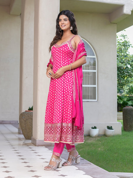Womens Pink Color Embroidery Anarkali Kurta Trouser With Dupatta Set