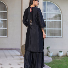 Womens Black Color Embroidery Staright Kurta Sharara With Dupatta Set