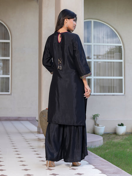 Womens Black Color Embroidery Staright Kurta Sharara With Dupatta Set